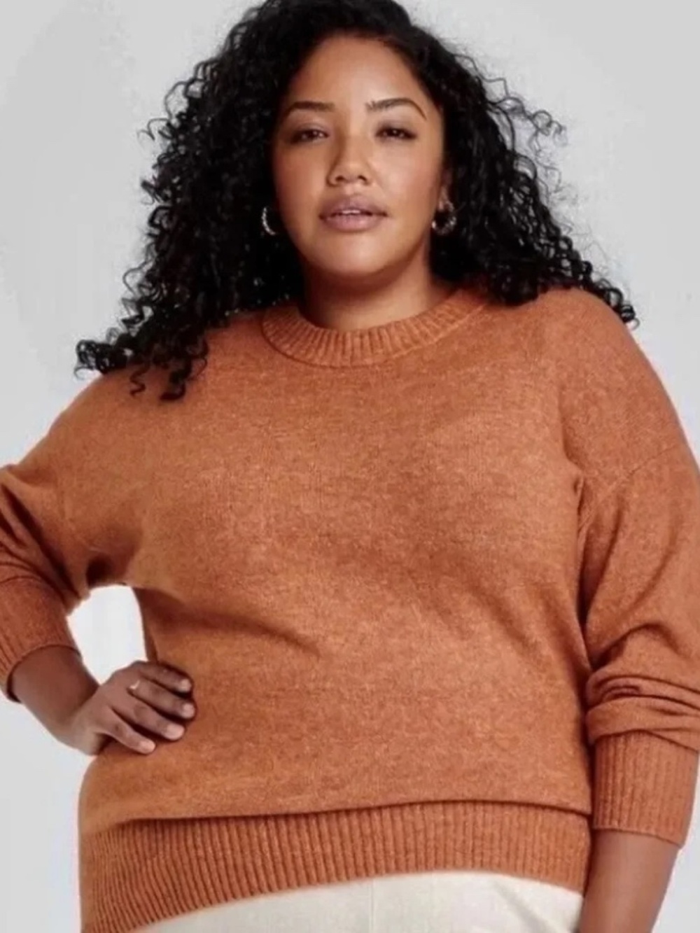 Ava & Viv Rust Crew Neck Ribbed Trim Sweater